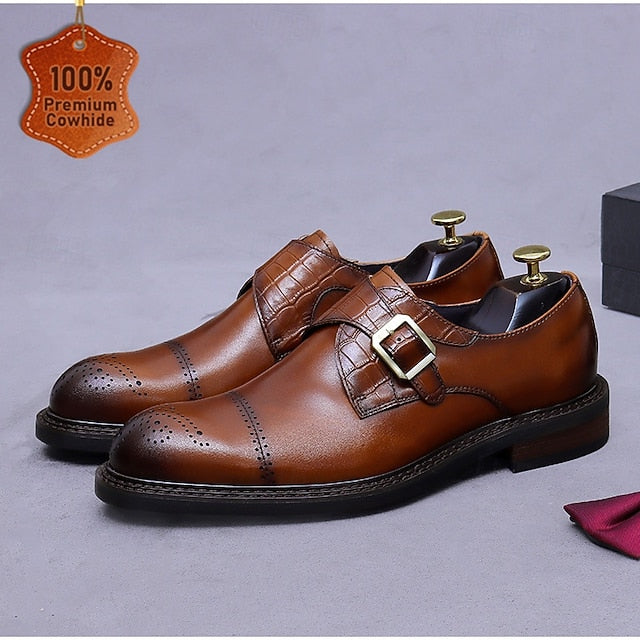 Genuine Leather Strap Black First Dress Monk Men's Shoes-