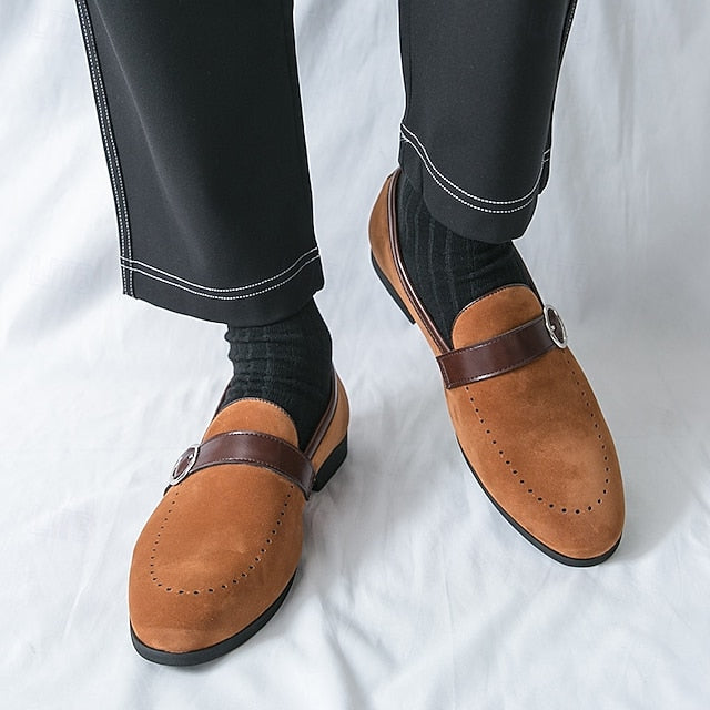 Men's Suede Brown Slip-On with Buckle Faux Strap Loafers