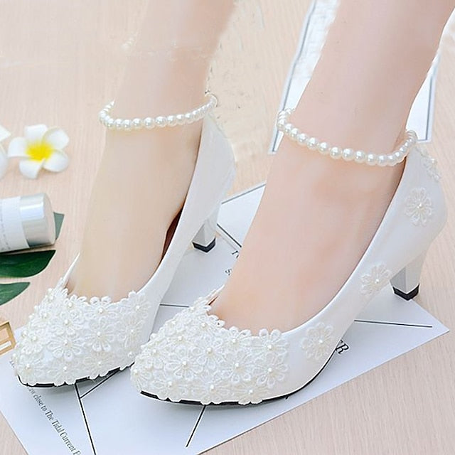 White Heels – Decorated Women's Wedding Lace Floral Pearl