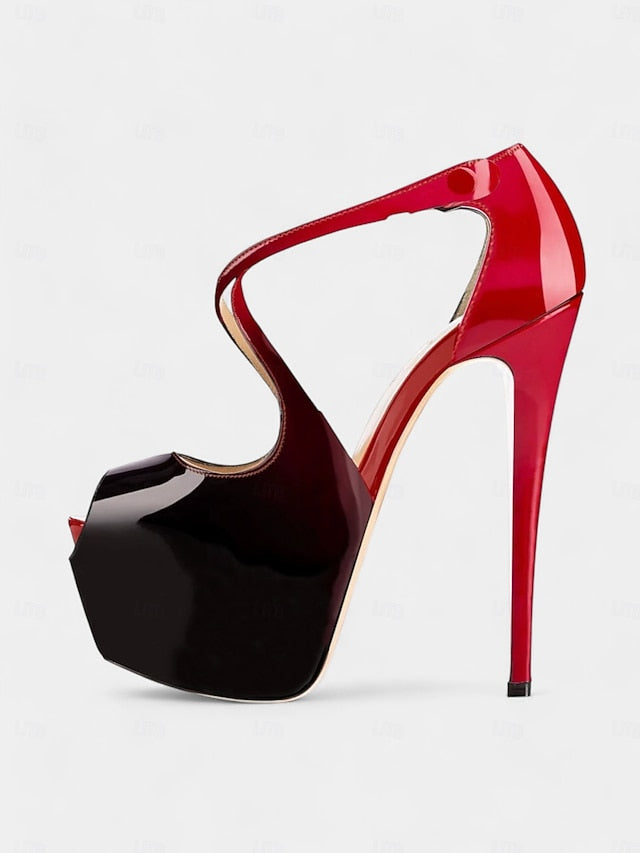 Heels Red Platform Black with Cross Stiletto Leather Patent and