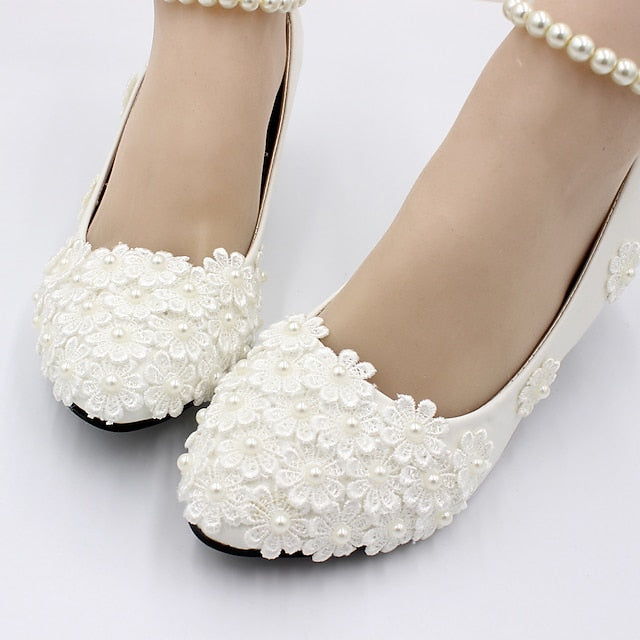 White Heels – Decorated Women's Wedding Lace Floral Pearl