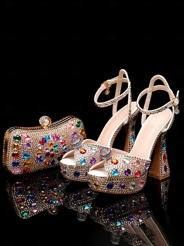 Heel Women's High with Rhinestone Platform Matching Sandals