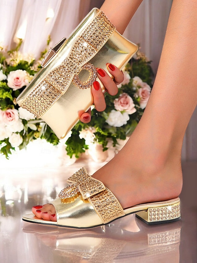 Flat Bow with Sandals Matching – Rhinestone Gold Clutch