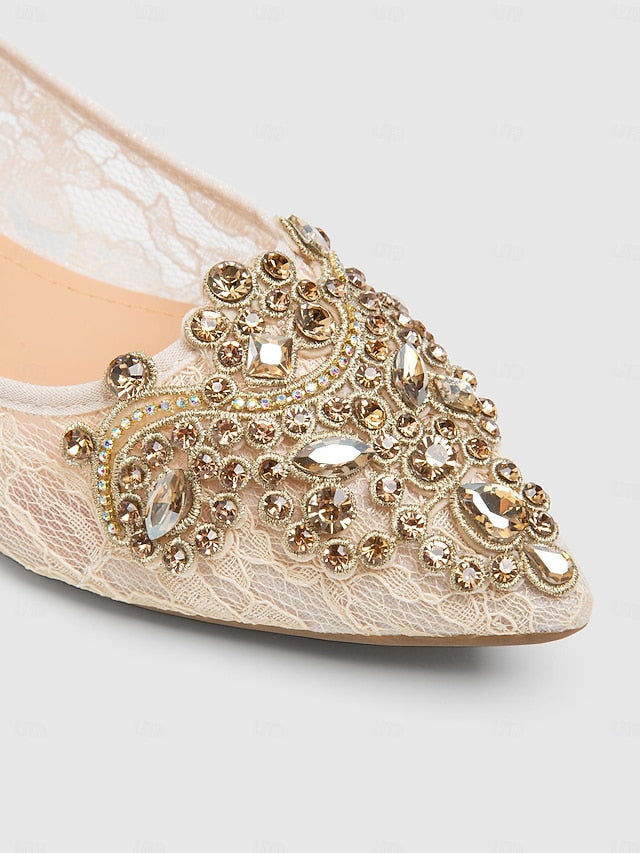 Lace Beige Flats Elegant Ballet with Women's Ornate