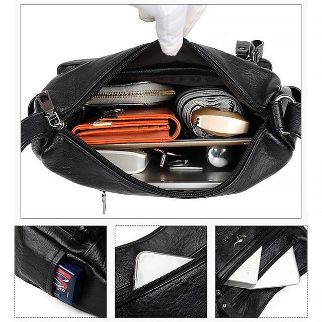 Sac bandoulière femme en cuir noir – similicuir multi-poches