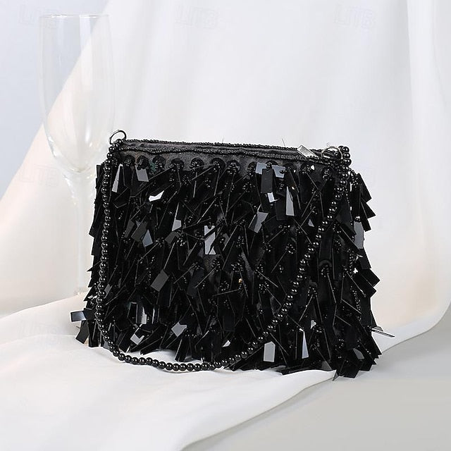 Sparkling Fringe Black Clutch with Evening and Crystal Luxurious