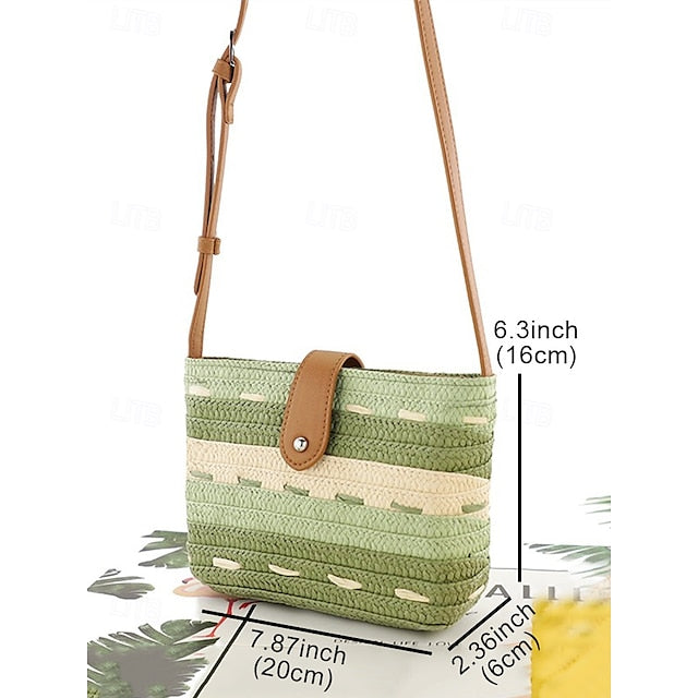 Gestreift mit Tasche Colorblock Damen Stroh gewebt braun Tote