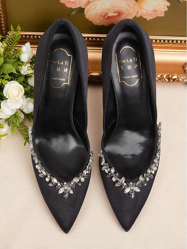 with Crystal Embellishment Toe Pointed Heels Satin Women's