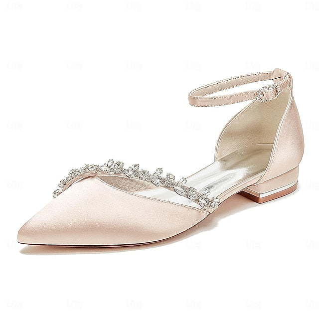 Women's Wedding Satin Elegant Flats Toe Pointed – White