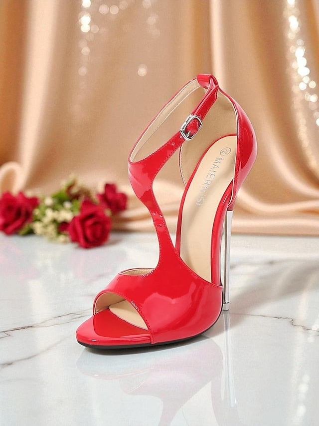 Stiletto Red Leather Strappy - Open Patent Heels Women's