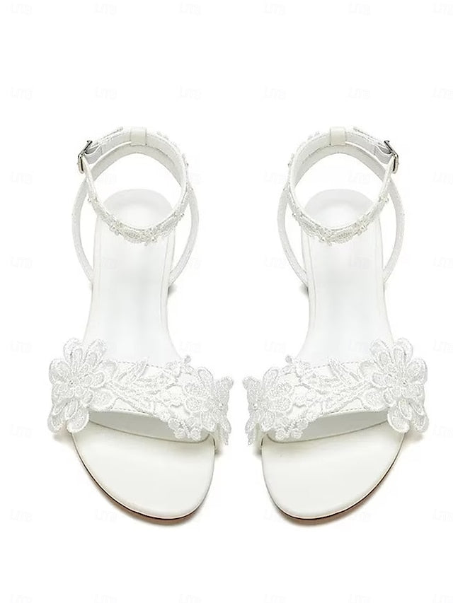 Straps Open-Toe Block Floral Sandals White Ankle Flats with Lace