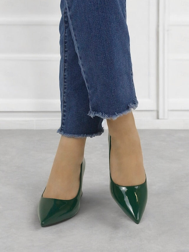Pumps Patent Faux Pointed-Toe Heel Glossy Leather Green Block