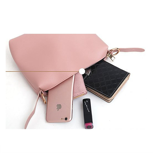 Ensemble 3 pièces pour femme : sac fourre-tout en cuir rose et sac à main en similicuir