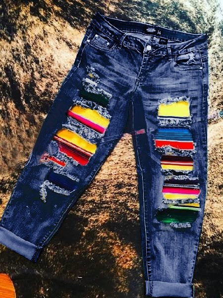 Blue Boho Stripes Ripped Denim Jeans BB16