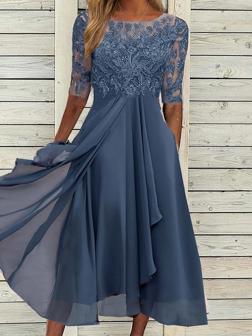 Robe de bal mi-longue élégante à col rond et dentelle AD499