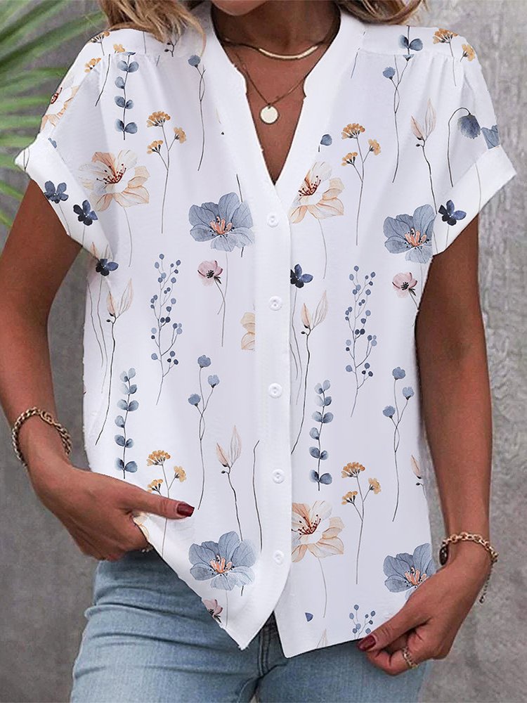 Buttoned Floral Loose Casual Blouse mm254