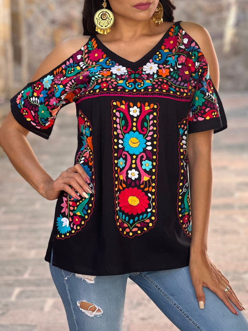 Sommer Casual Ethnic V-Ausschnitt Shirt UU1