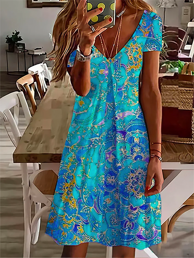 V Neck Casual Short Sleeve Printed Dress QM78