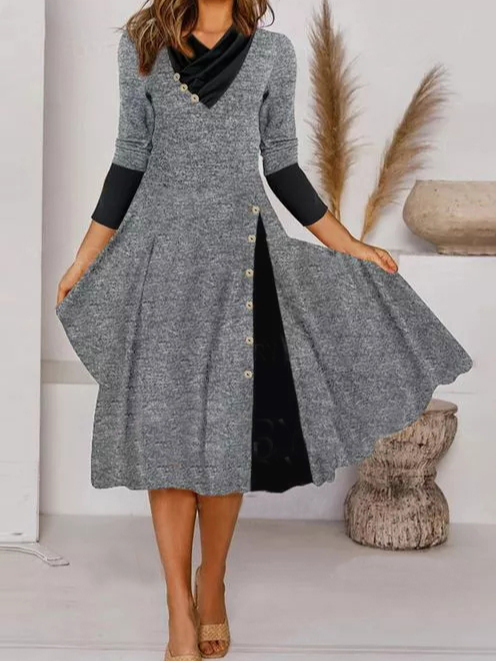 Farbblock-Tunika-Midikleid mit V-Ausschnitt und A-Linie WO87