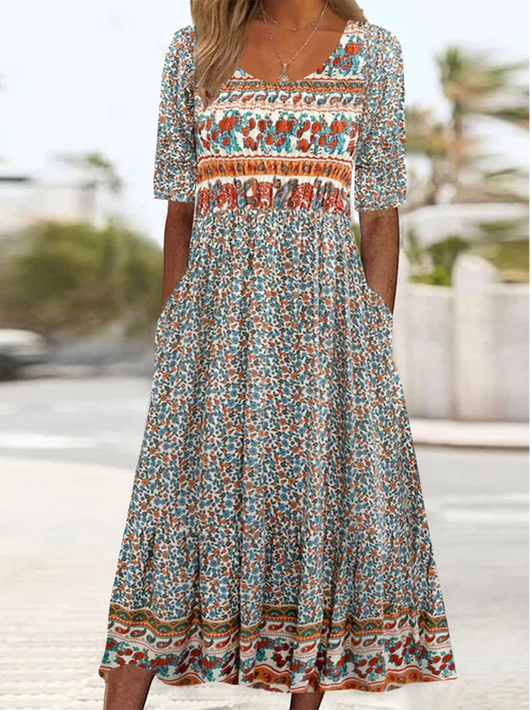 Ethnic Crew Neck Loose Dress QU106