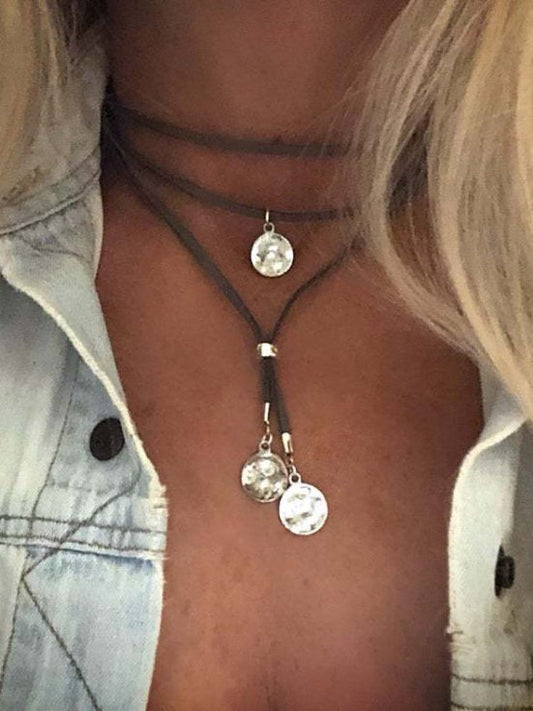 Ethnische geometrische Muster Anhänger Leder mehrlagige Halskette Vintage Western Schmuck AT10086