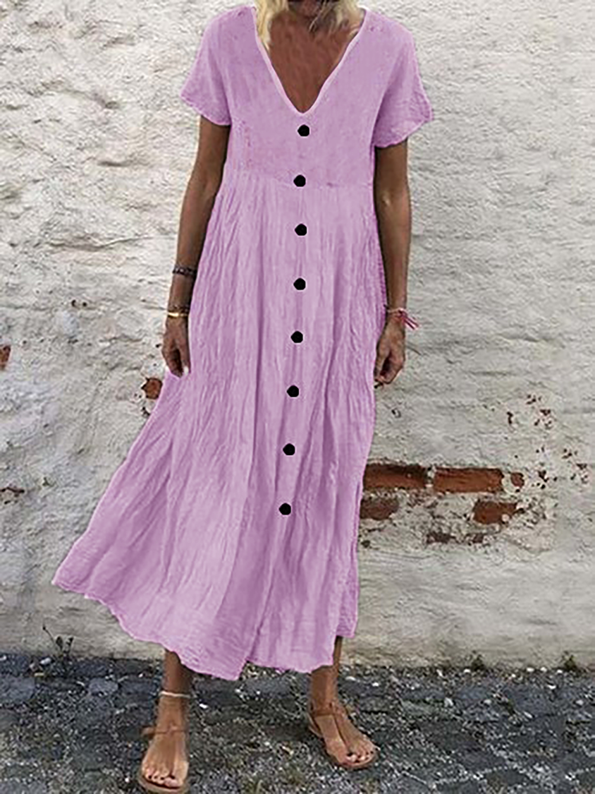 Cotton Plain V Neck Casual Boho Dress NNq2