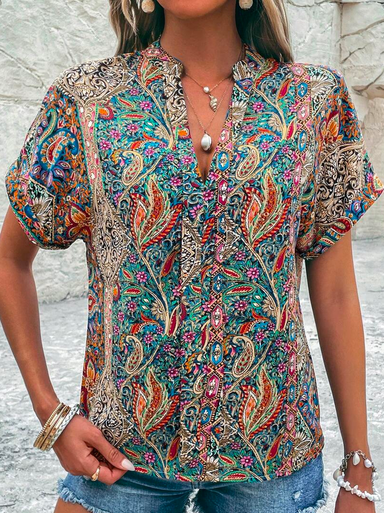 Loose V Neck Ethnic Casual Paisley Print Batwing Sleeve Blouse WS77