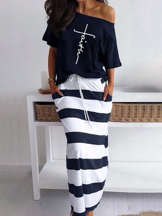 Printed Cotton-Blend Casual Knitting T-shirt with Skirt NNq6