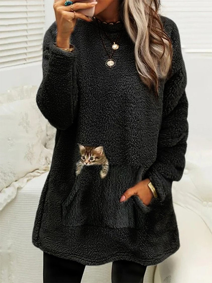 Plush Crew Neck Casual Cat Thermal Dress DK1037