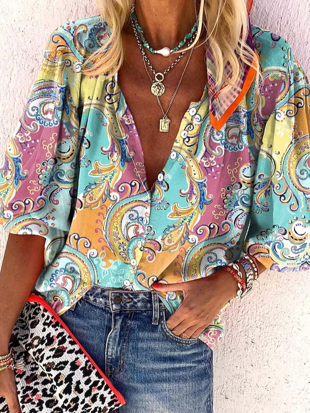 Floral Loose Casual V Neck Blouse QR75