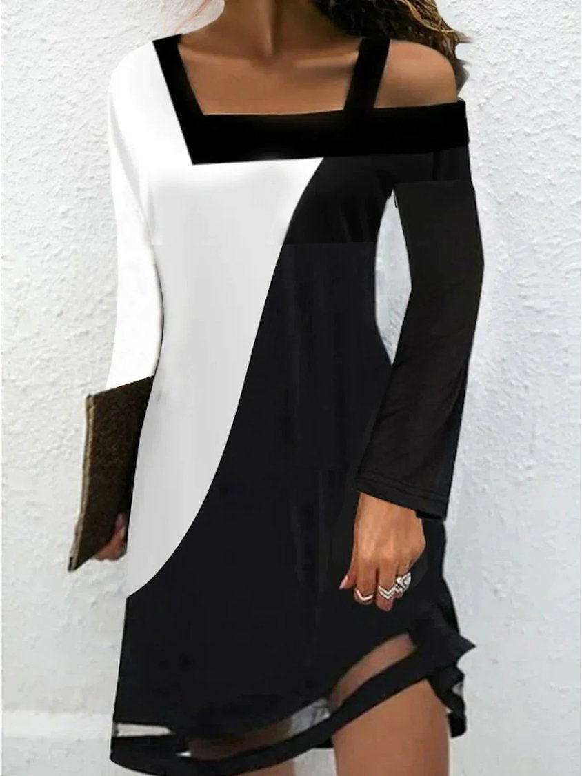 Casual Square Neck Color Block Dress DK1055