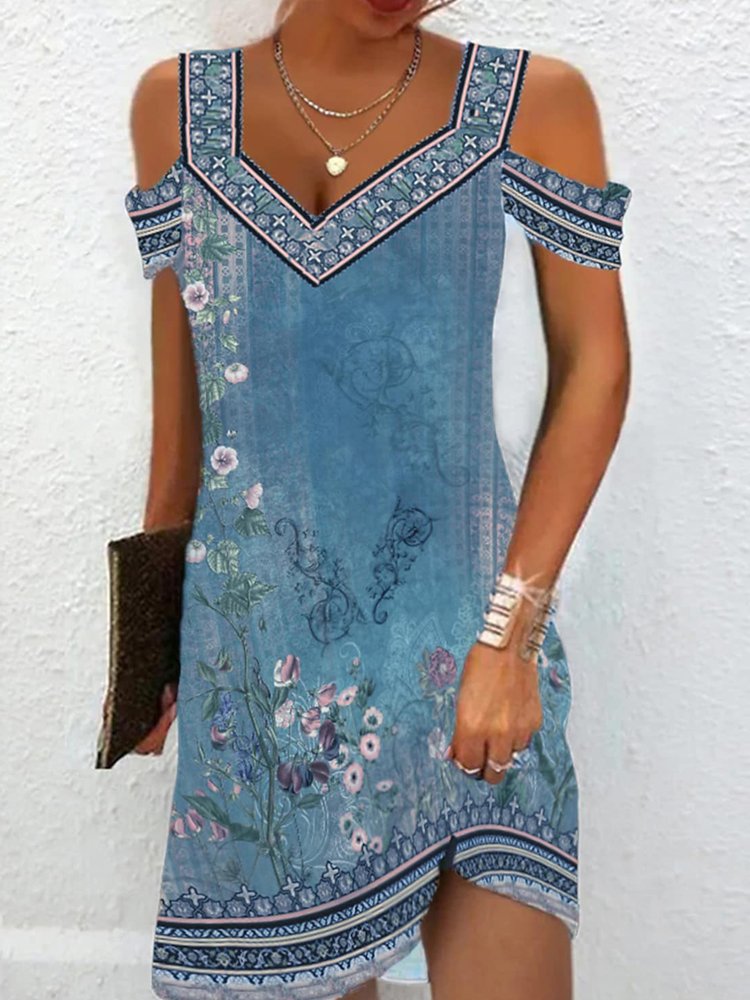 Green Floral V Neck Loose Casual Dress QPQ67