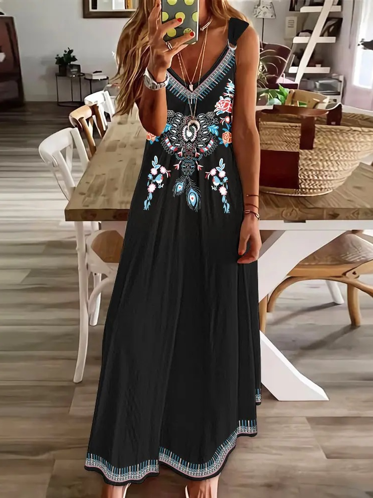 Ethnic V Neck Loose Casual Dress WT61