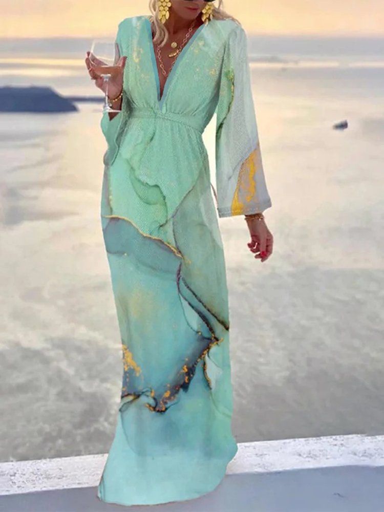 Landscape Print Boho V Neck Long Sleeve Loosen A-line Dress WE119