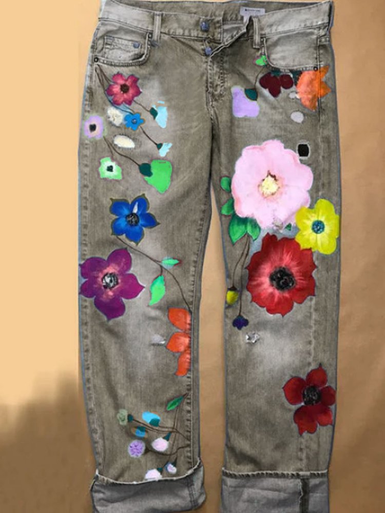 Fashion Denim Floral Casual Jeans QS91