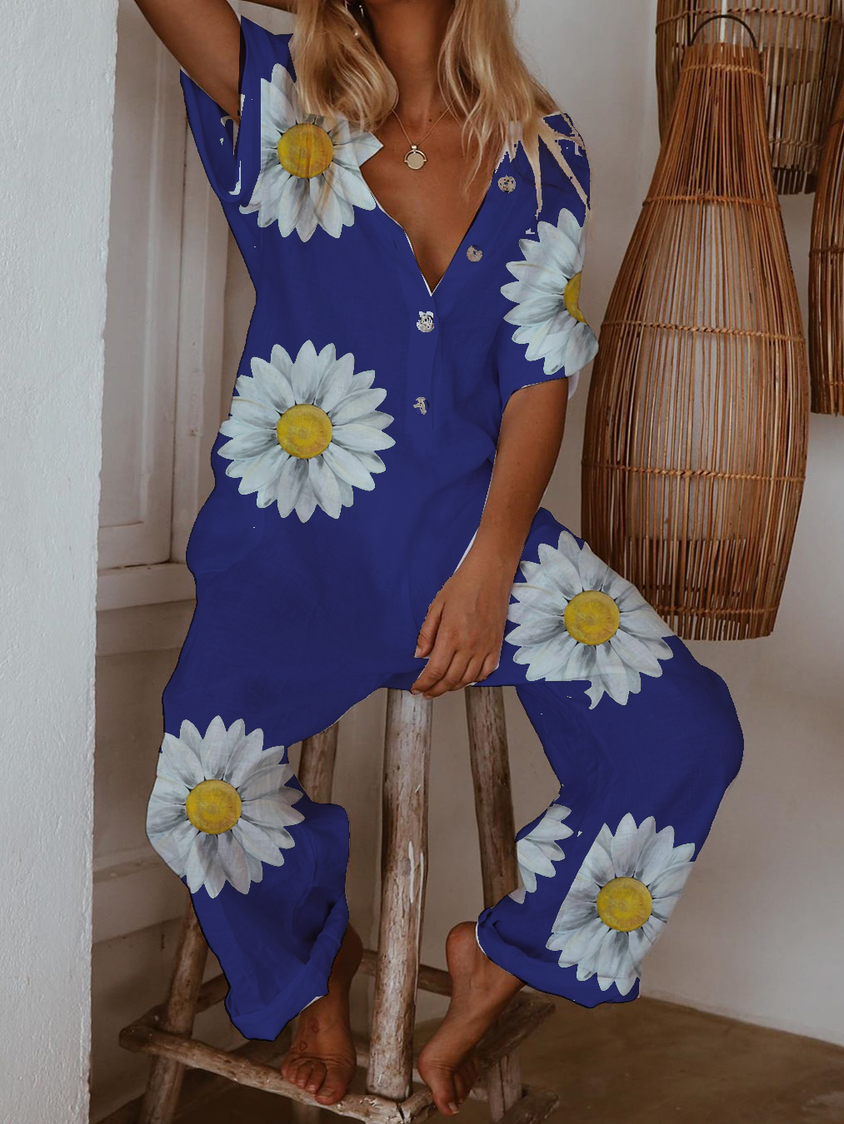 White Casual Floral-Print Cotton Jumpsuit & Romper CM52