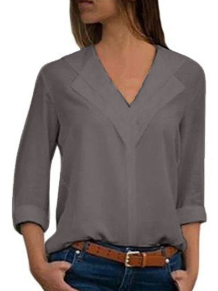 Women V-Neck Solid Color Long Sleeve Blouse CZ19