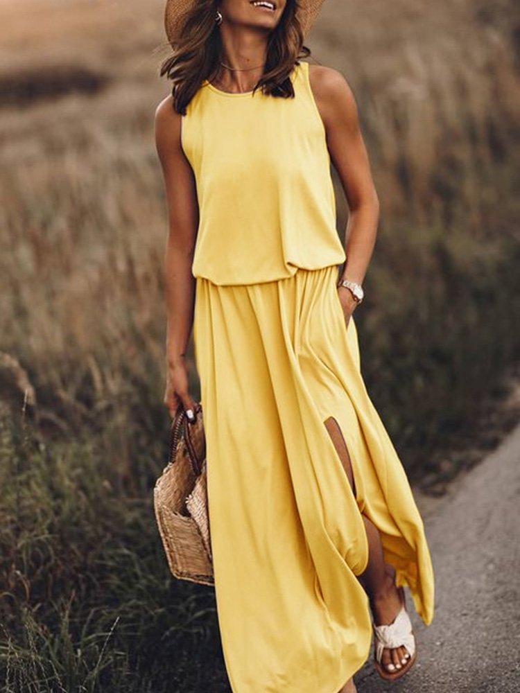 Sleeveless Holiday Solid Round Neck Long Weaving Dress QPQ93