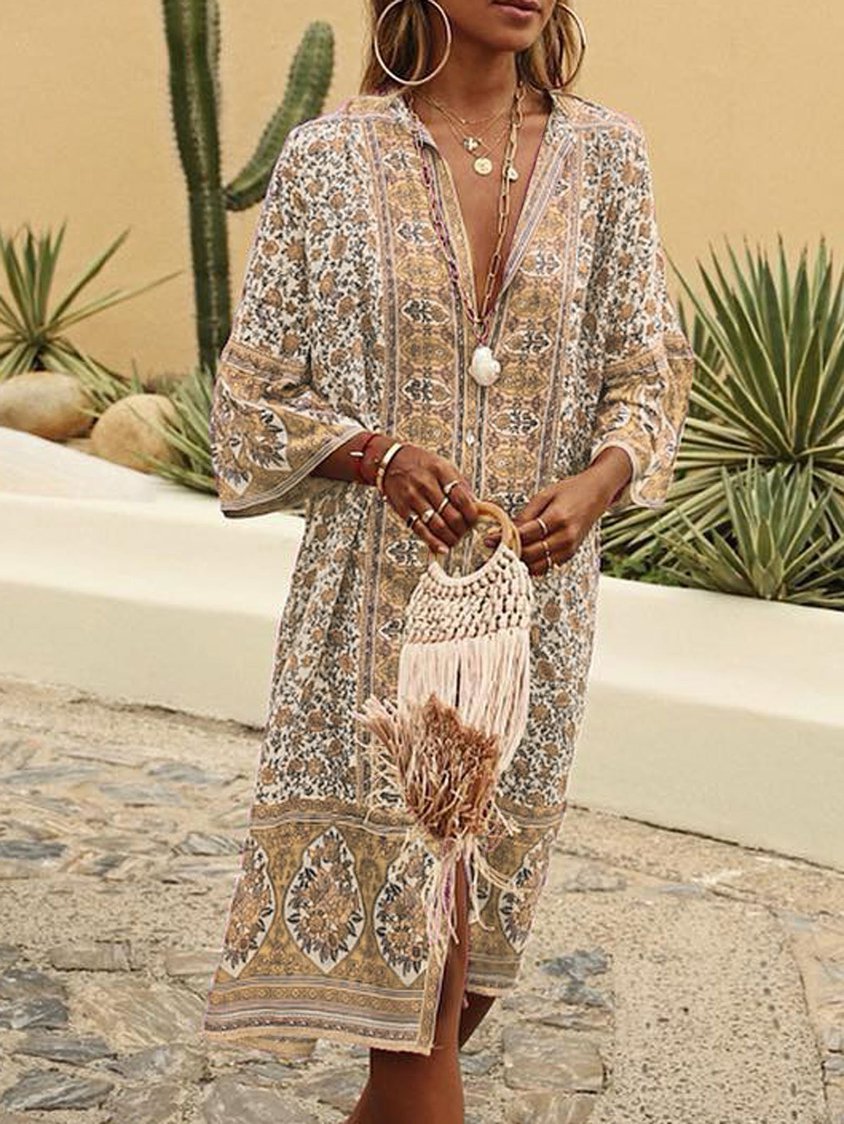 Women Vintage Boho V Neck Summer Weaving Dress QAH42