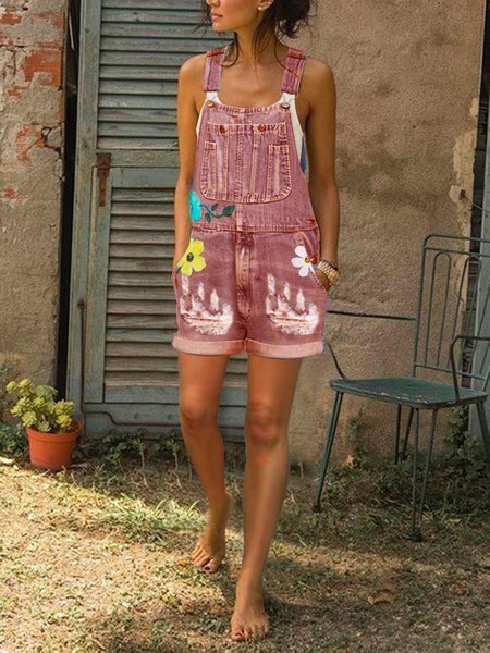 Floral Casual Jeans Sleeveless Pants Denim Overalls QAJ54