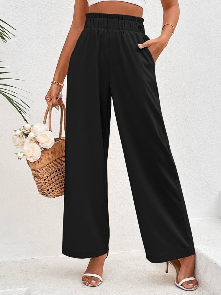 Cotton Casual Plain Paperbag Waist Wide Leg Pants WX96