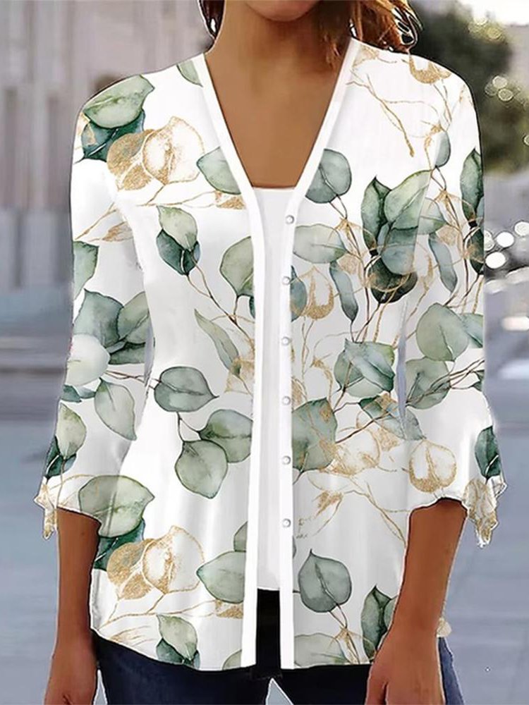 Leaf Buttoned Casual Mock Two-Piece Shirt QR89