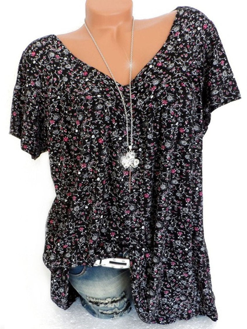 Women's Casual V Neck Floral Short Sleeve Top AH478