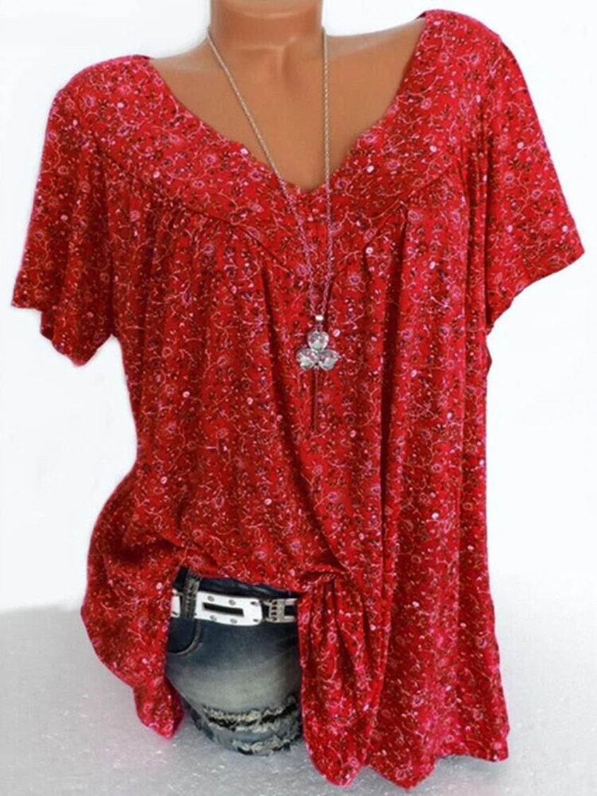 Women's Casual V Neck Floral Short Sleeve Top AH478