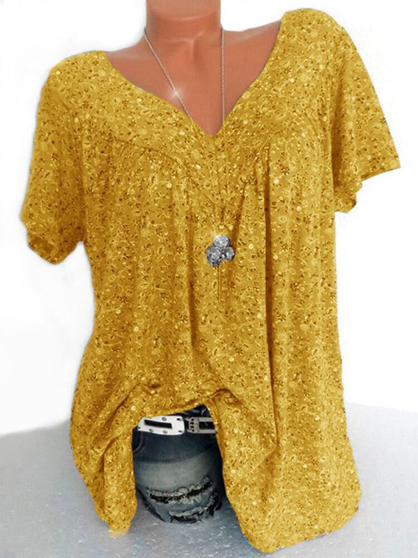 Women's Casual V Neck Floral Short Sleeve Top AH478