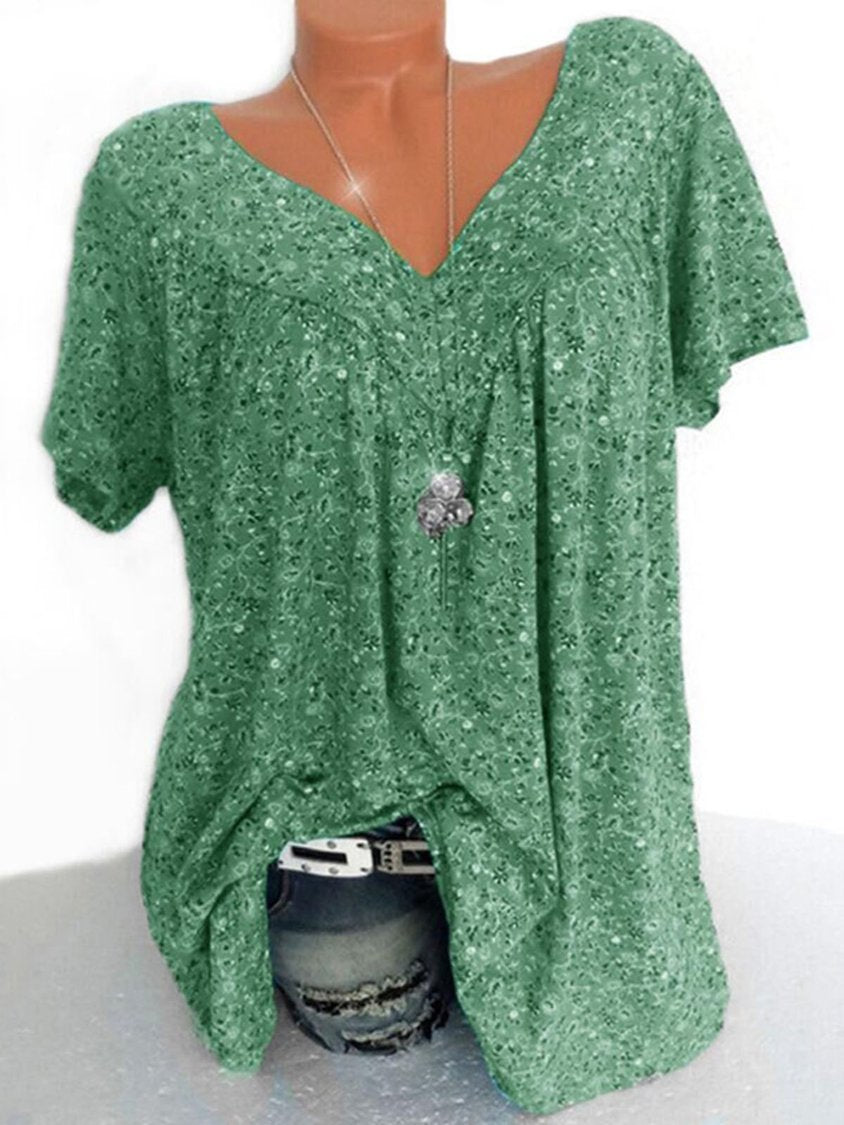 Women's Casual V Neck Floral Short Sleeve Top AH478