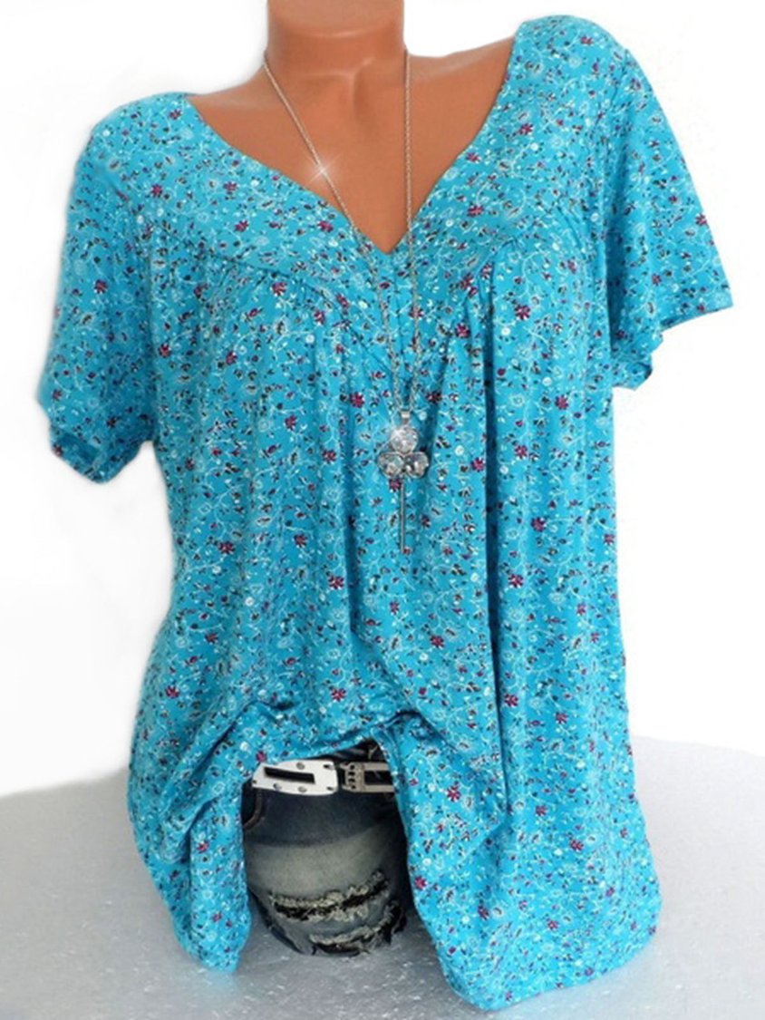 Women's Casual V Neck Floral Short Sleeve Top AH478