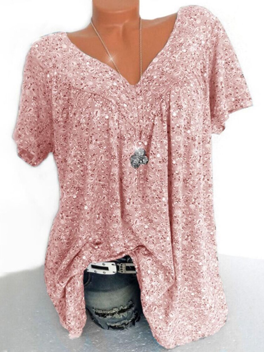 Women's Casual V Neck Floral Short Sleeve Top AH478
