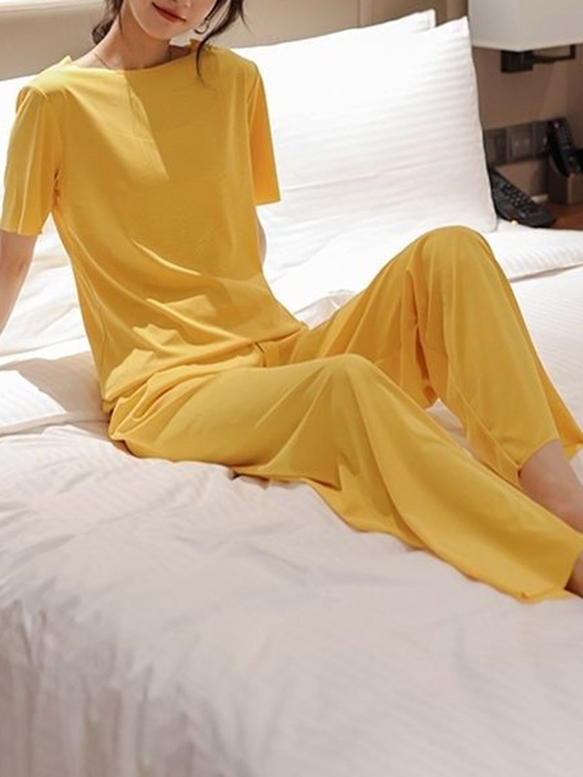 Soft and Comfortable Round Neck Short Sleeve Trousers Loose Casual Homewear Set QAR1