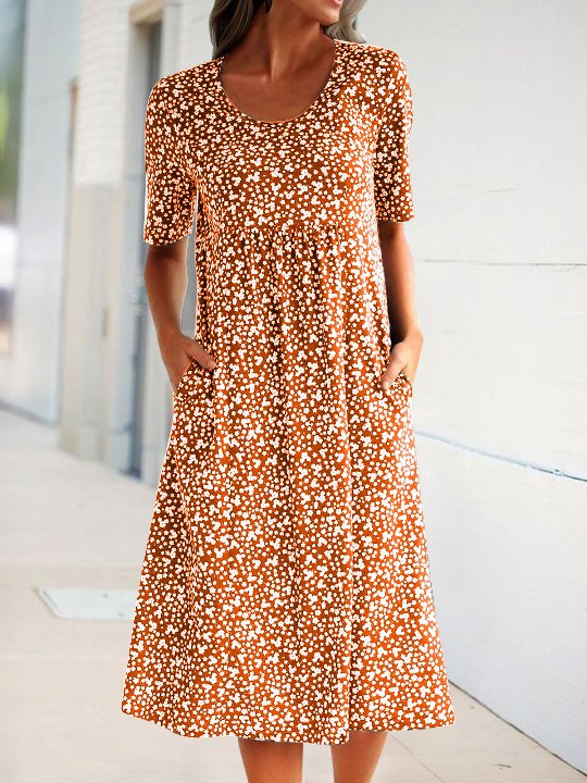 Navy Blue Short Sleeve Shift Floral-Print Causal Dress QAH41